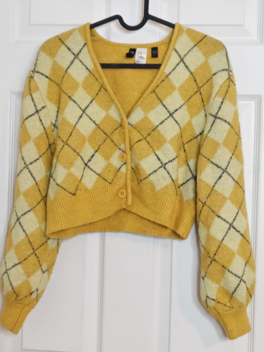 H&M Yellow Argyle V-Neck Button Cardigan Sweater Size XS